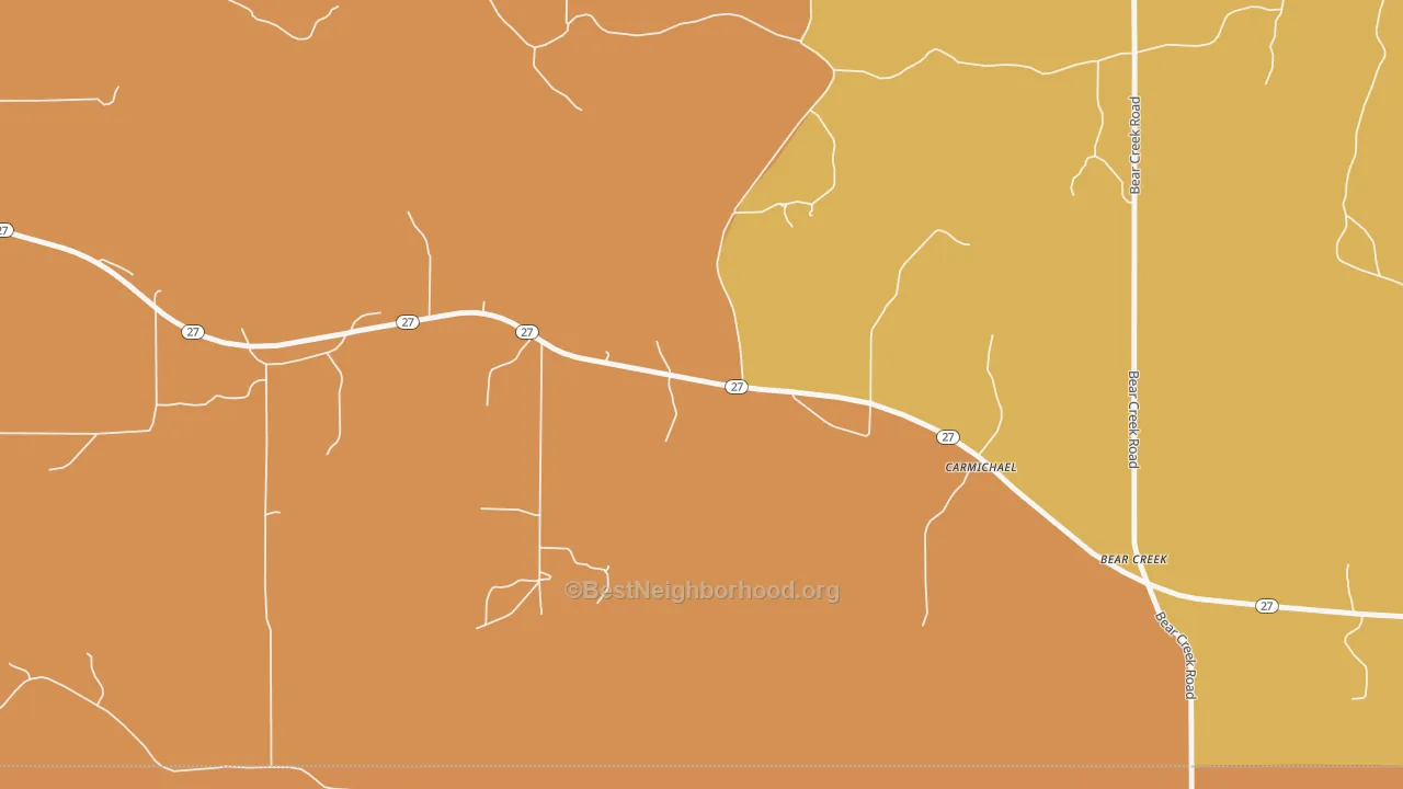 Map of the best neighborhoods in the Carmichael area, with better matches in green and worse matches in red