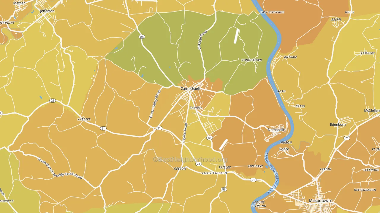 Map of the best neighborhoods in the Carmichaels area, with better matches in green and worse matches in red