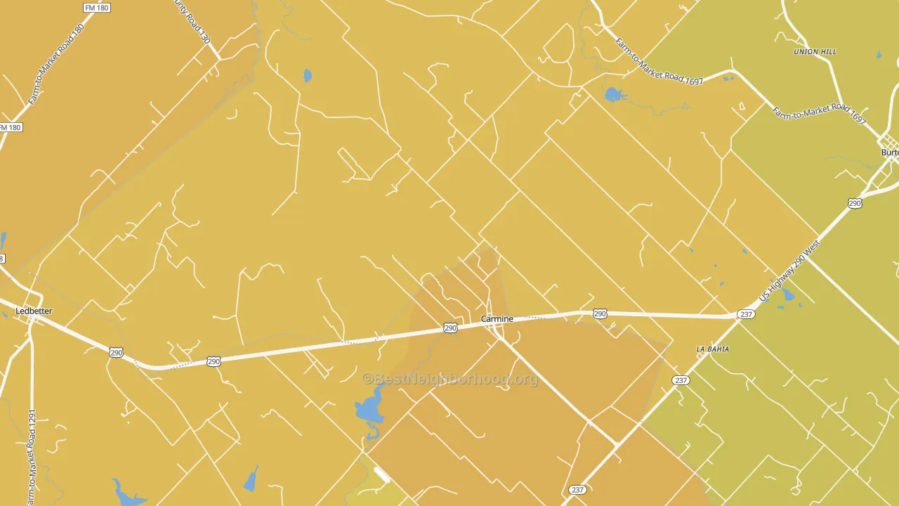 Map of the best neighborhoods in the Carmine area, with better matches in green and worse matches in red