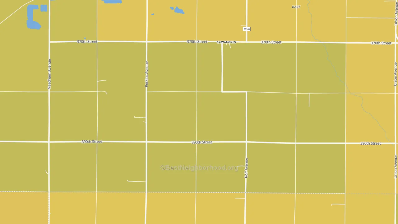 Map of the best neighborhoods in the Carnarvon area, with better matches in green and worse matches in red