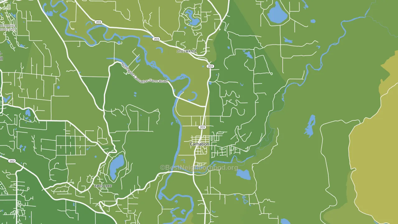 Map of the best neighborhoods in the Carnation area, with better matches in green and worse matches in red