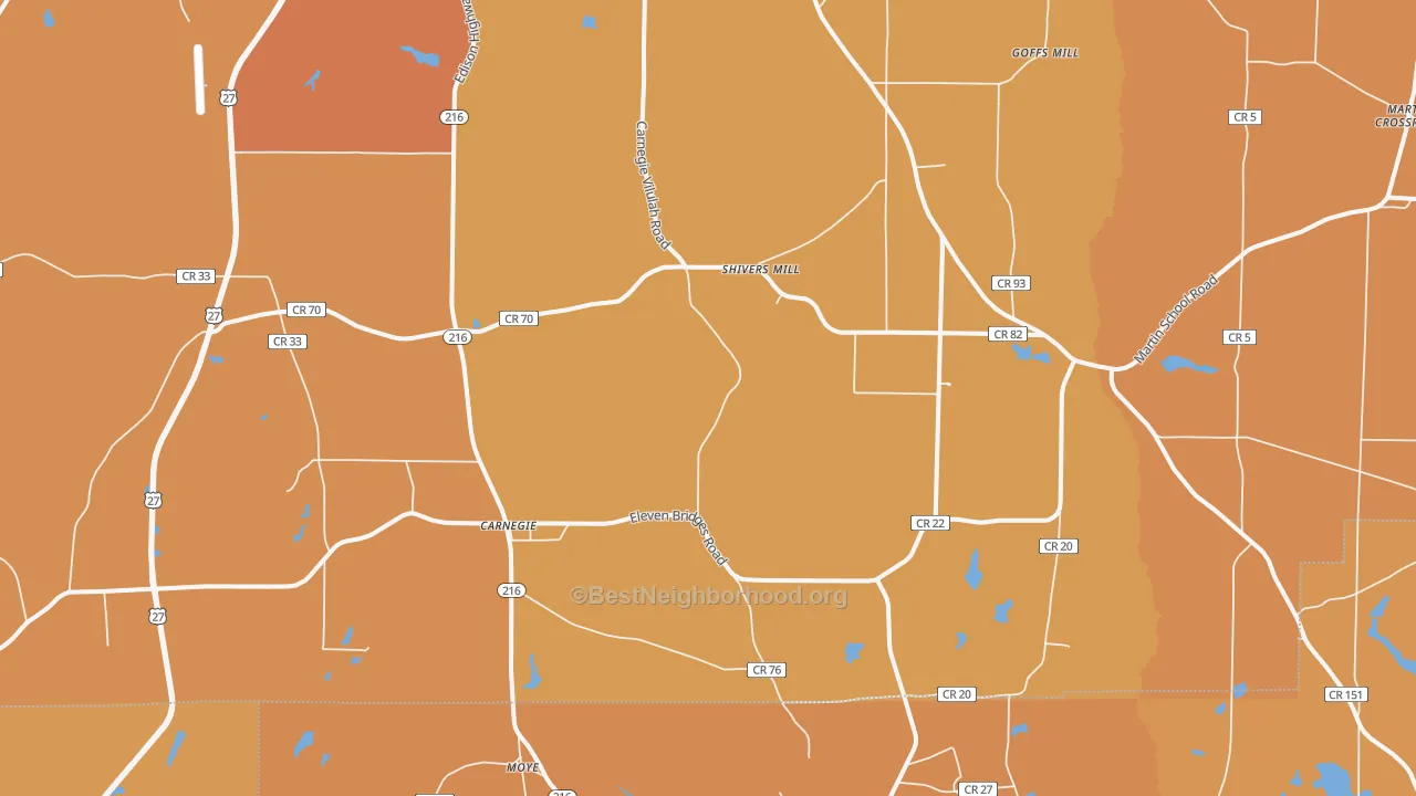Map of the best neighborhoods in the Carnegie area, with better matches in green and worse matches in red