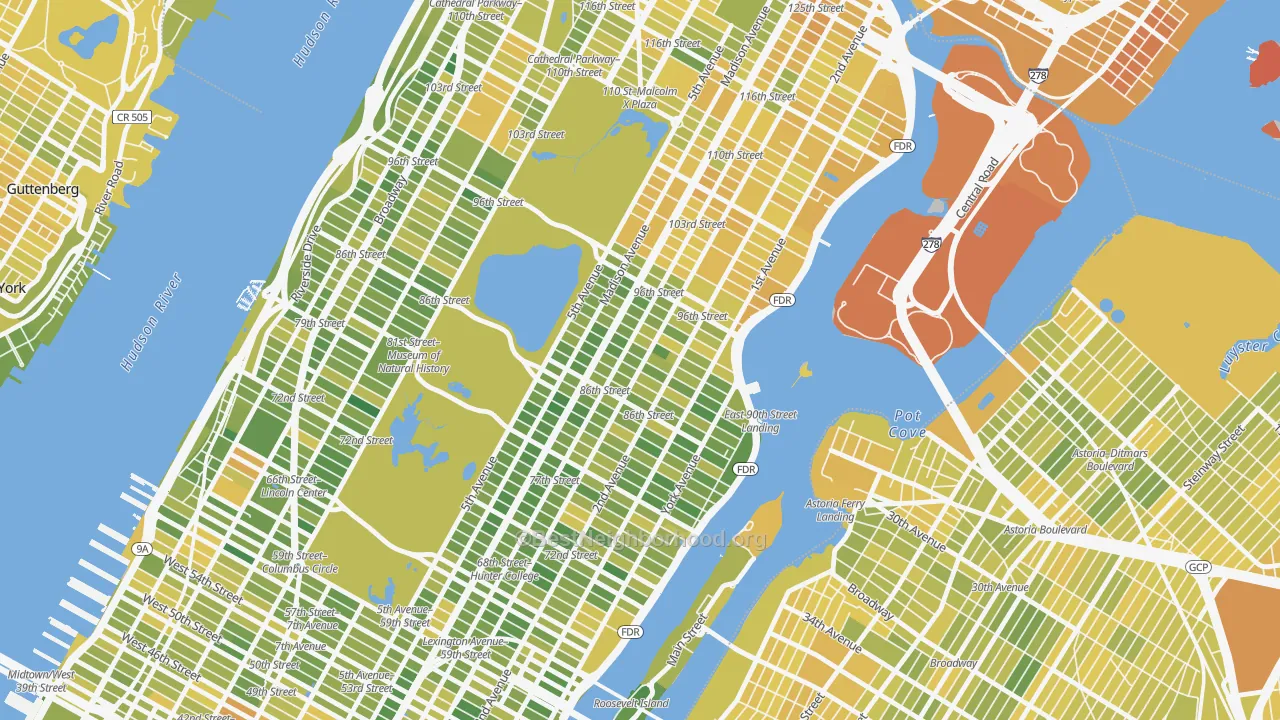 Map of the best neighborhoods in the Carnegie Hill, Manhattan area, with better matches in green and worse matches in red