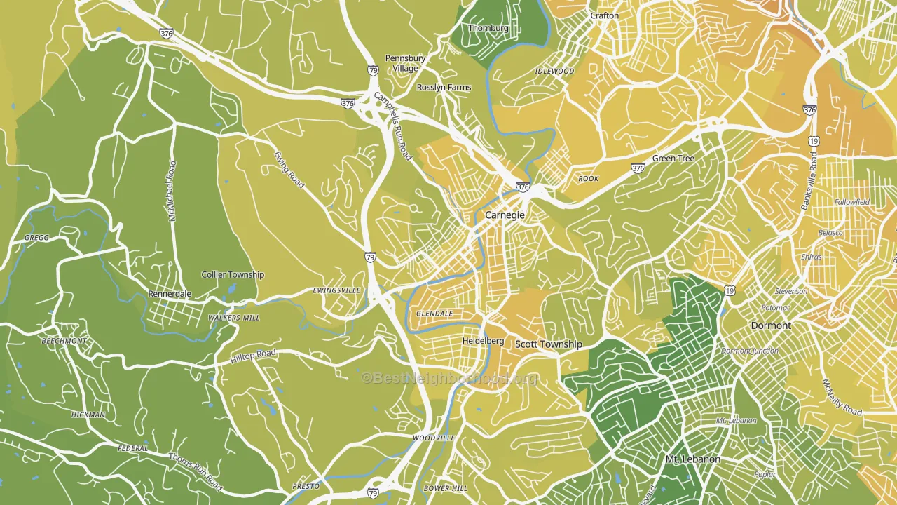 Map of the best neighborhoods in the Carnegie area, with better matches in green and worse matches in red