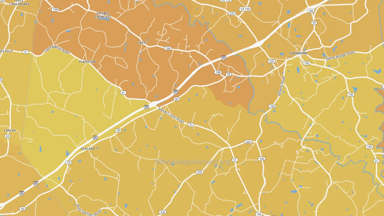 Map of the best neighborhoods in the Carnesville area, with better matches in green and worse matches in red
