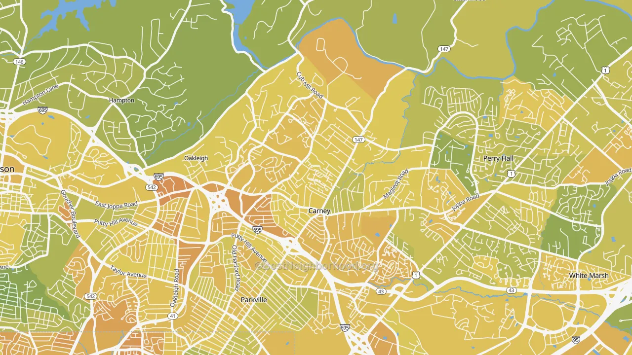 Map of the best neighborhoods in the Carney area, with better matches in green and worse matches in red