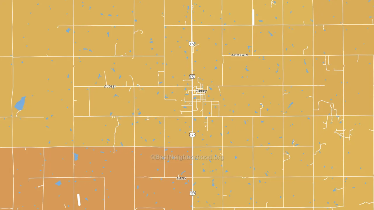 Map of the best neighborhoods in the Carney area, with better matches in green and worse matches in red