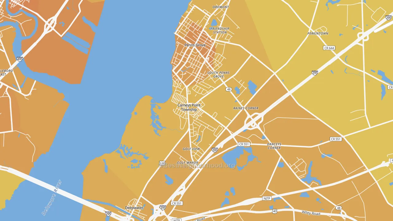 Map of the best neighborhoods in the Carneys Point area, with better matches in green and worse matches in red