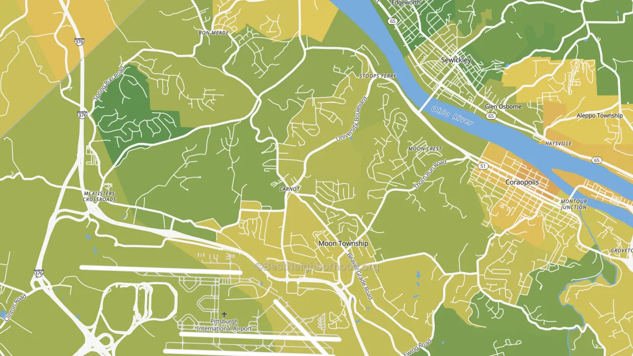 Map of the best neighborhoods in the Carnot-Moon area, with better matches in green and worse matches in red