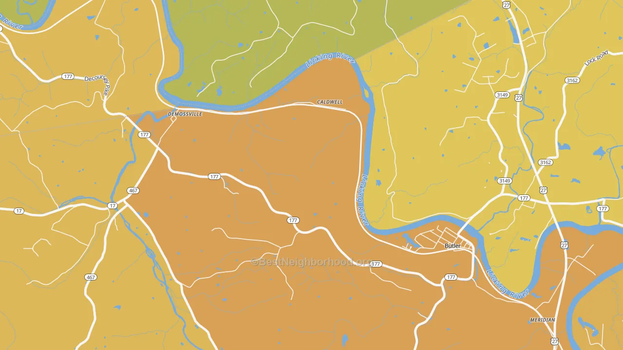 Map of the best neighborhoods in the Carntown area, with better matches in green and worse matches in red