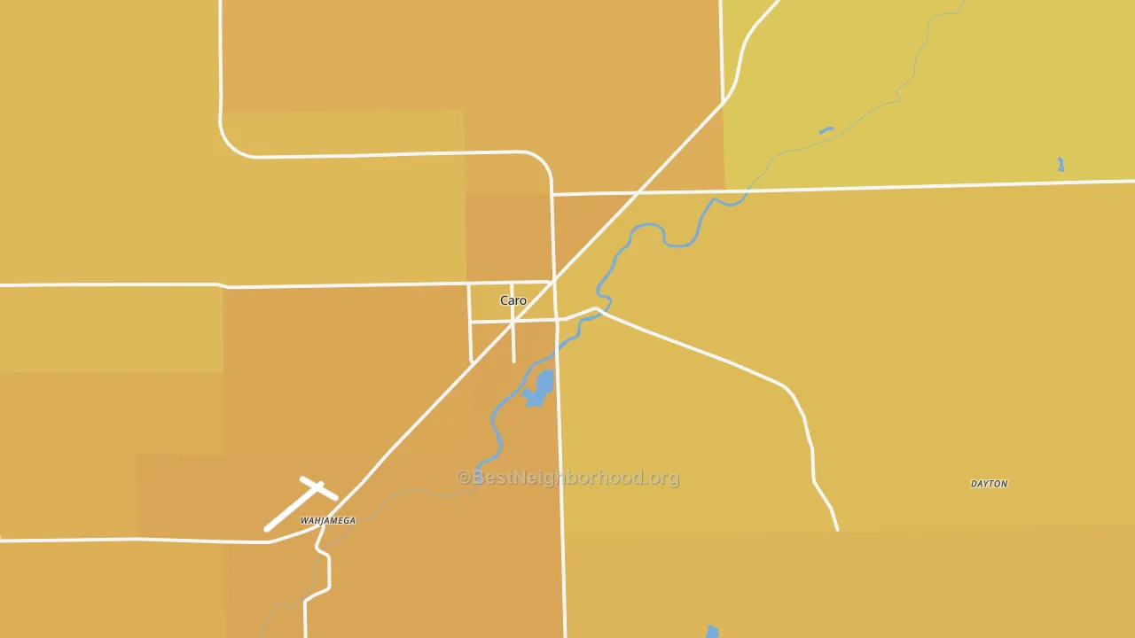 Map of the best neighborhoods in the Caro area, with better matches in green and worse matches in red