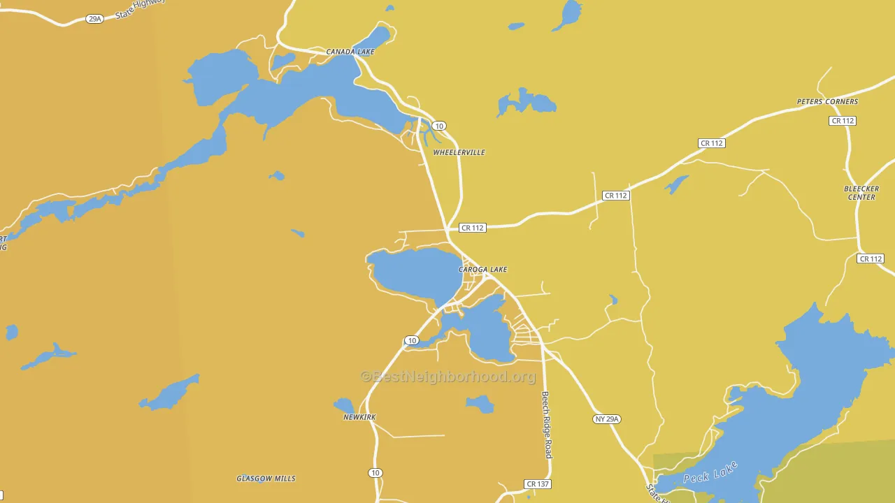 Map of the best neighborhoods in the Caroga Lake area, with better matches in green and worse matches in red