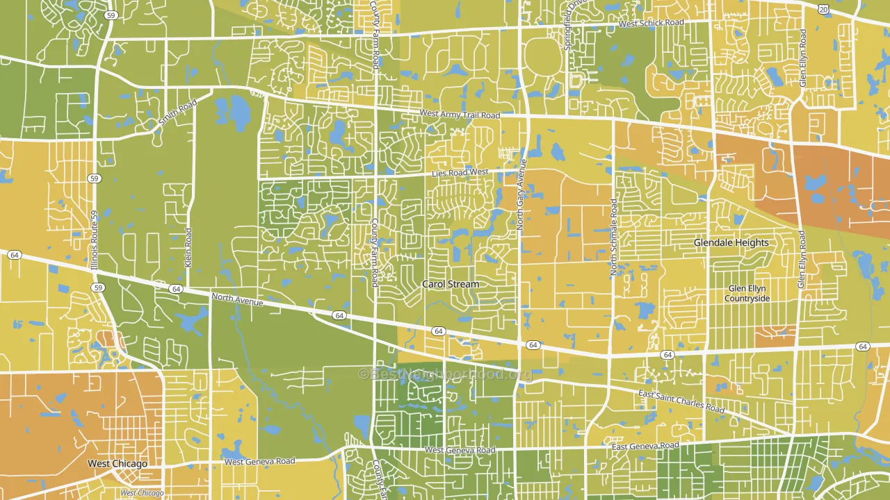 Map of the best neighborhoods in the Carol Stream area, with better matches in green and worse matches in red