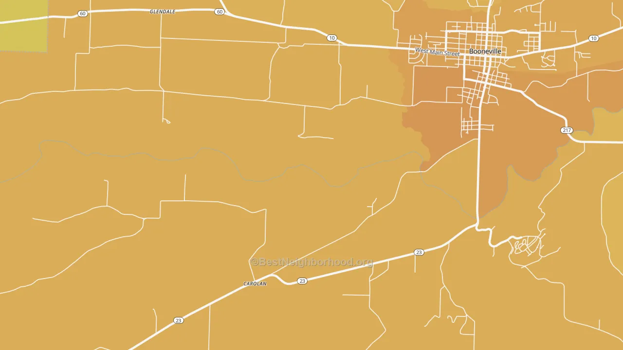 Map of the best neighborhoods in the Carolan area, with better matches in green and worse matches in red