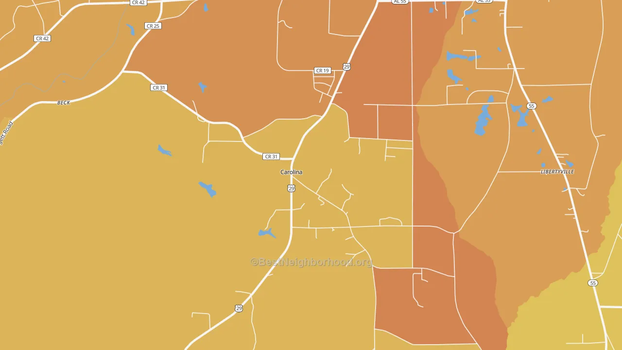 Map of the best neighborhoods in the Carolina area, with better matches in green and worse matches in red