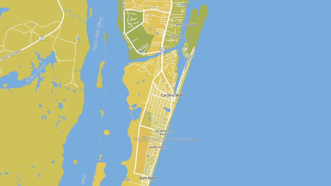 Map of the best neighborhoods in the Carolina Beach area, with better matches in green and worse matches in red