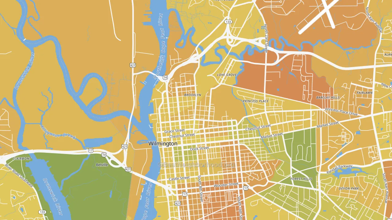 Map of the best neighborhoods in the Carolina Heights, Wilmington area, with better matches in green and worse matches in red