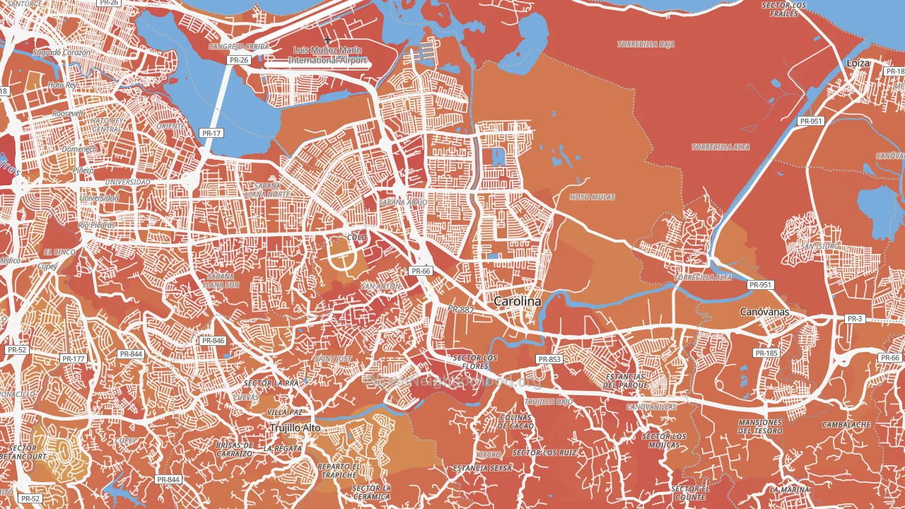 Map of the best neighborhoods in the Carolina Municipio area, with better matches in green and worse matches in red