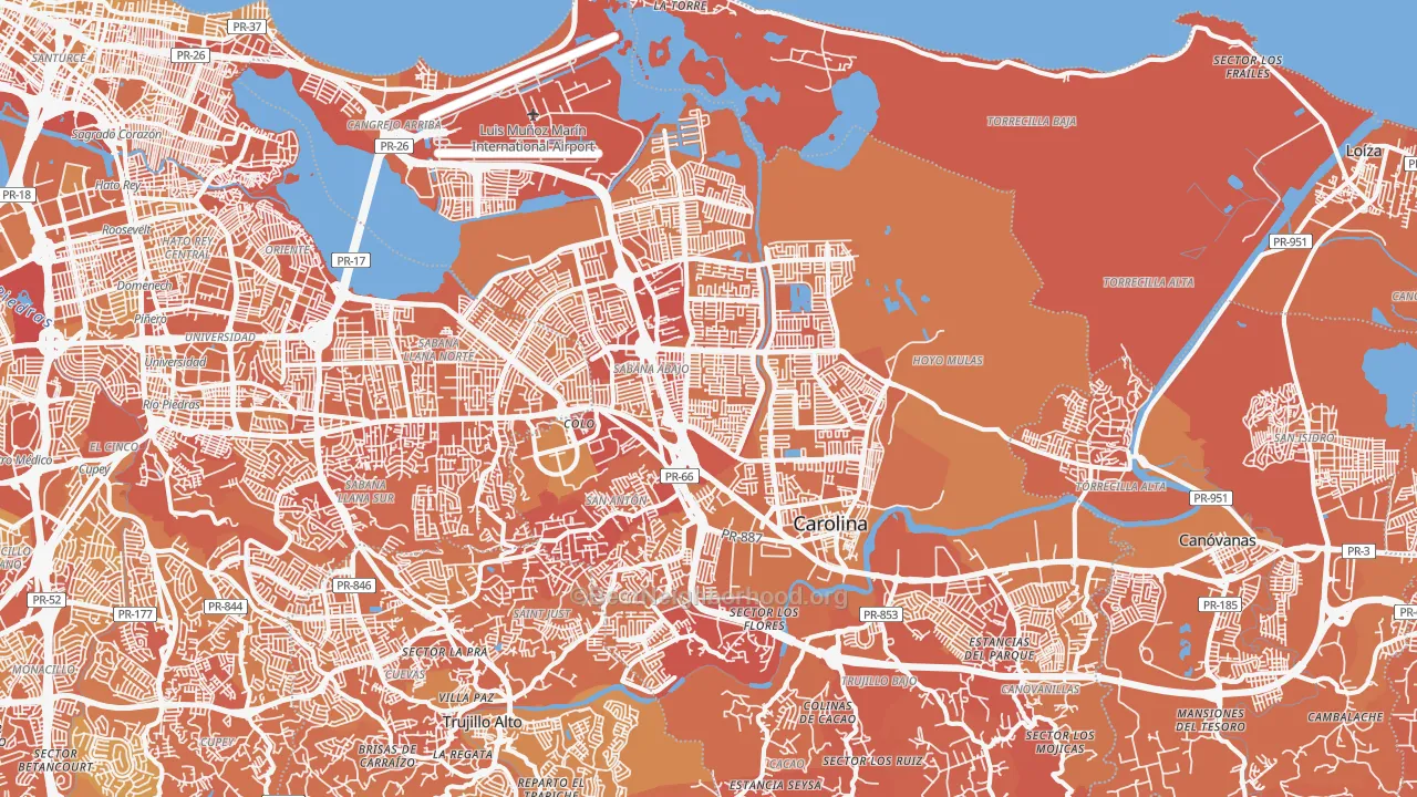 Map of the best neighborhoods in the Carolina area, with better matches in green and worse matches in red