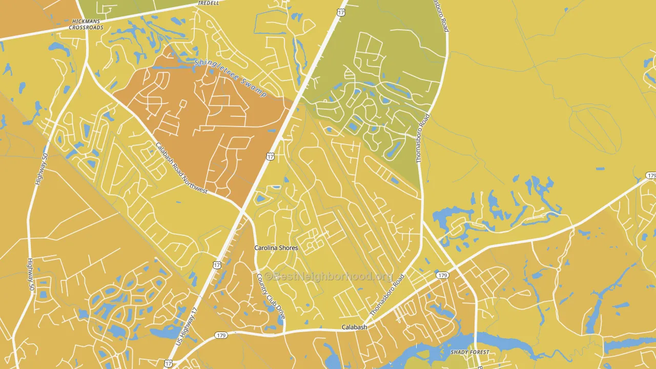 Map of the best neighborhoods in the Carolina Shores area, with better matches in green and worse matches in red