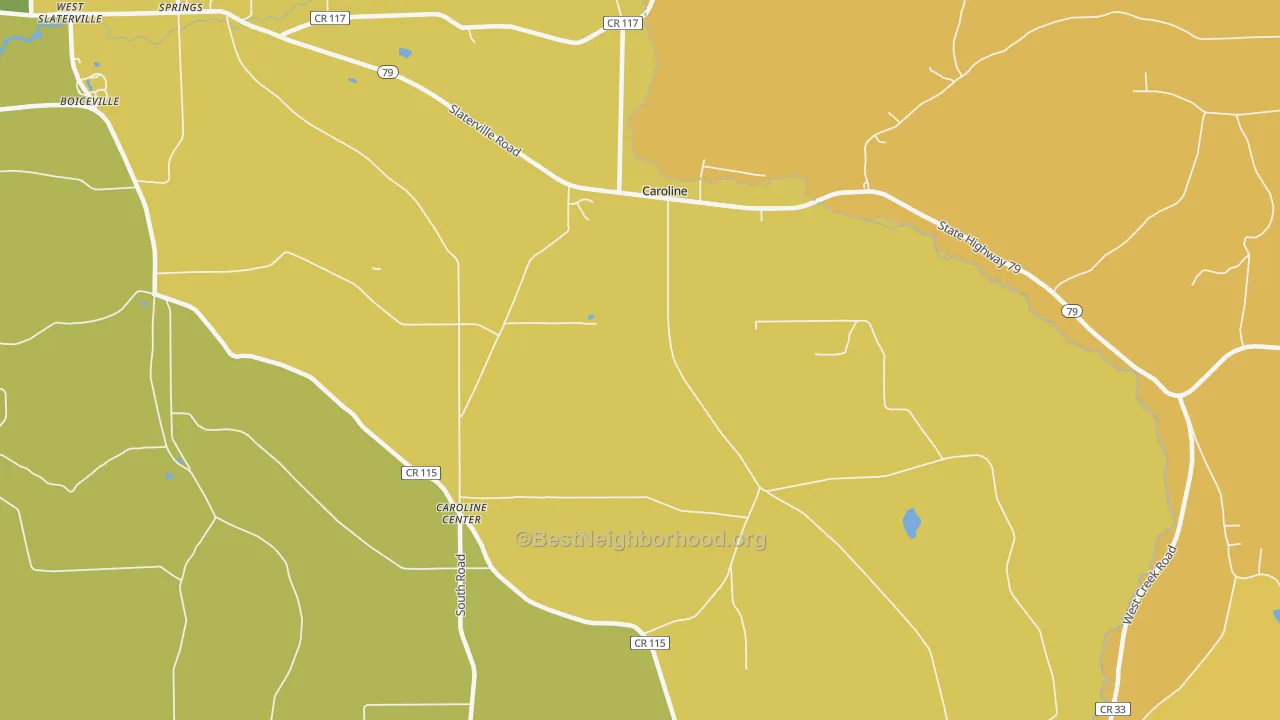 Map of the best neighborhoods in the Caroline Center area, with better matches in green and worse matches in red