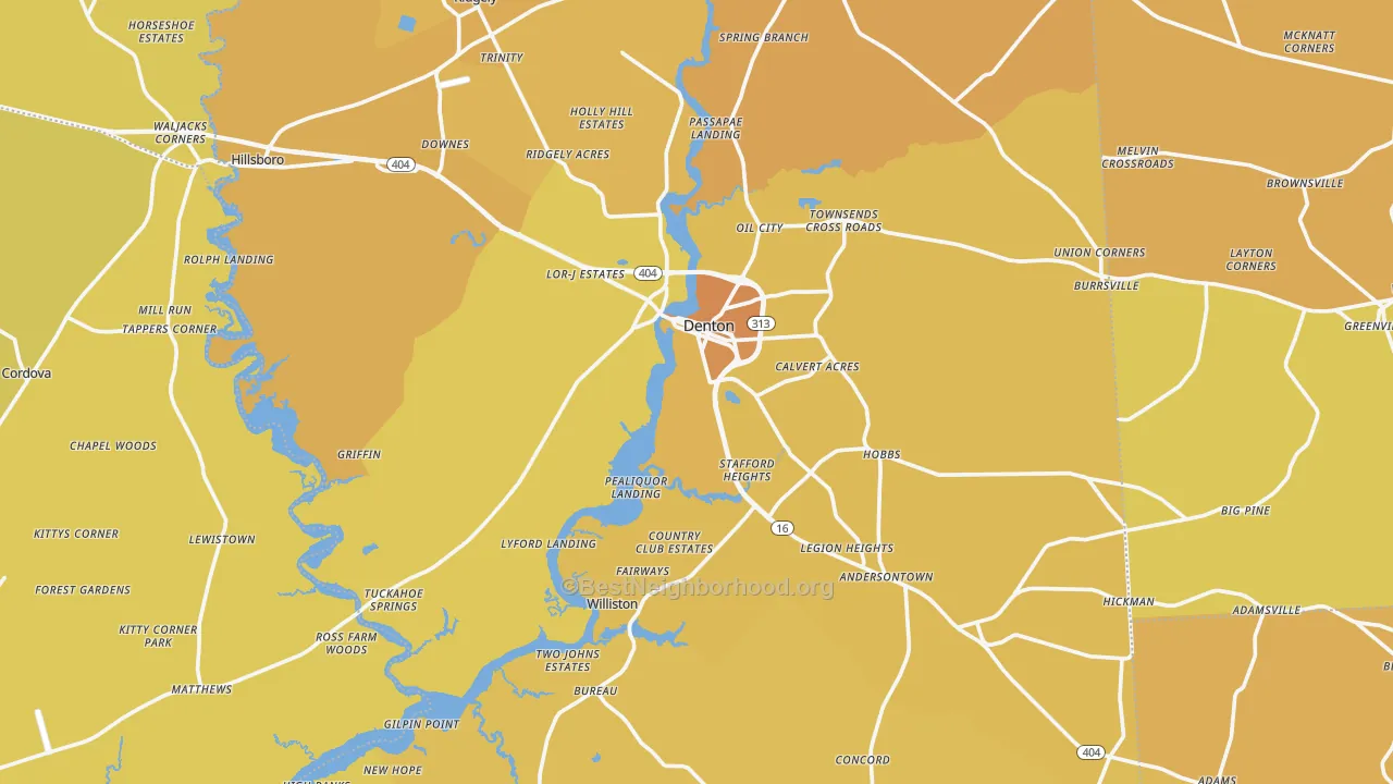 Map of the best neighborhoods in the Caroline County area, with better matches in green and worse matches in red