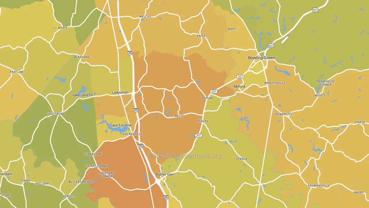 Map of the best neighborhoods in the Caroline County area, with better matches in green and worse matches in red