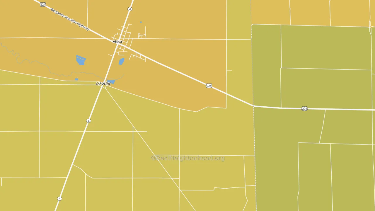 Map of the best neighborhoods in the Caroline area, with better matches in green and worse matches in red