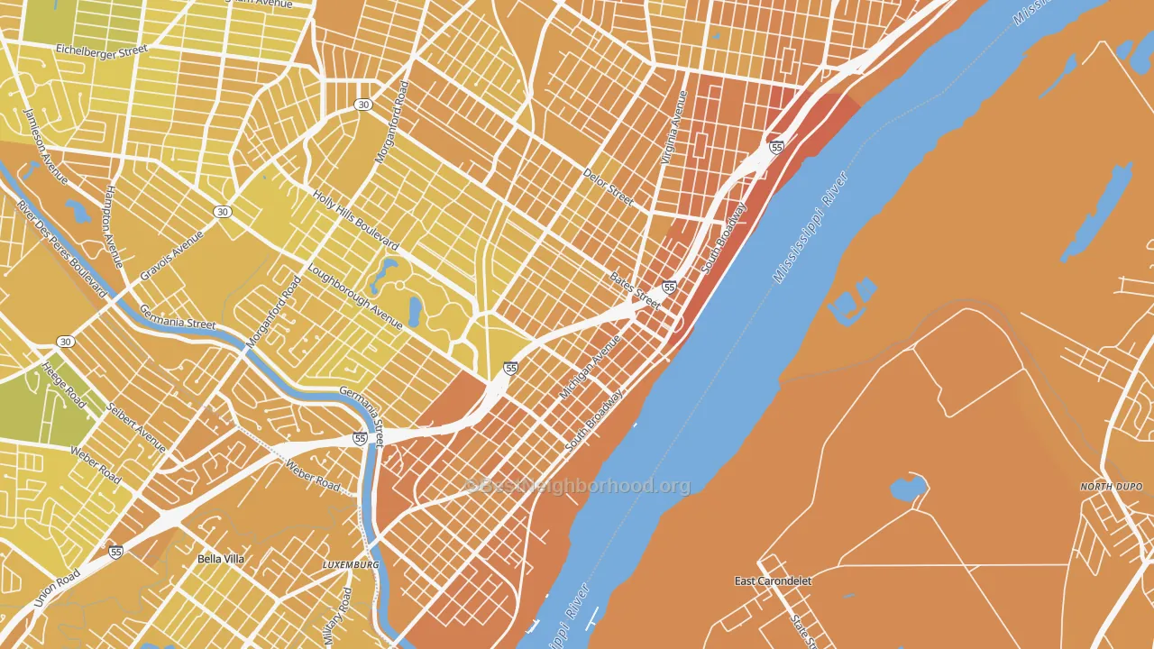 Map of the best neighborhoods in the Carondelet, St. Louis area, with better matches in green and worse matches in red