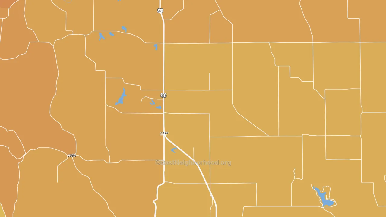 Map of the best neighborhoods in the Carp area, with better matches in green and worse matches in red