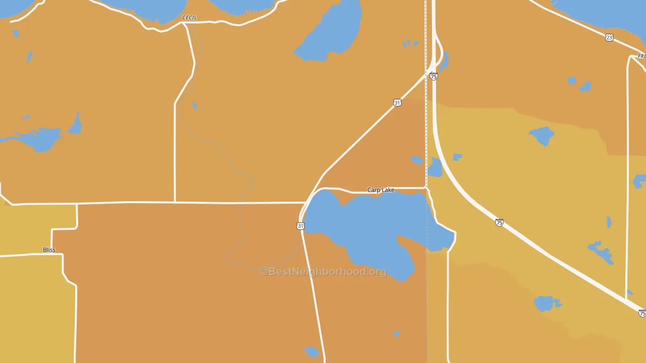 Map of the best neighborhoods in the Carp Lake area, with better matches in green and worse matches in red