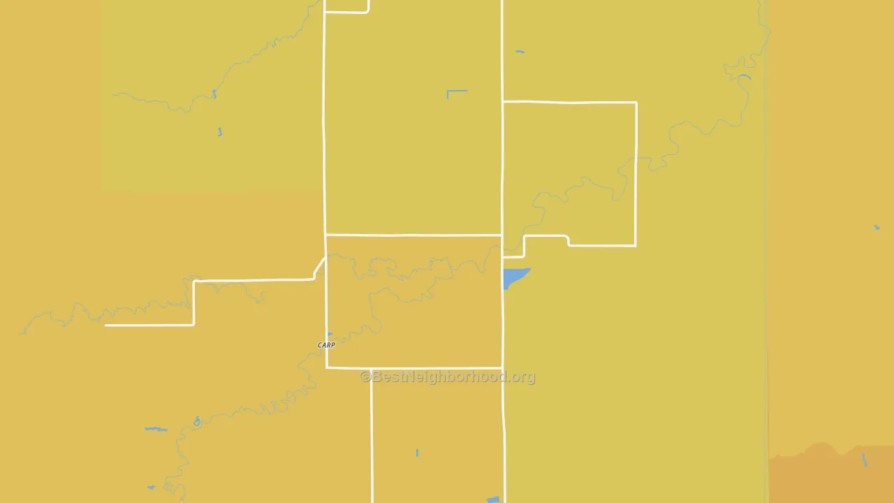 Map of the best neighborhoods in the Carp area, with better matches in green and worse matches in red