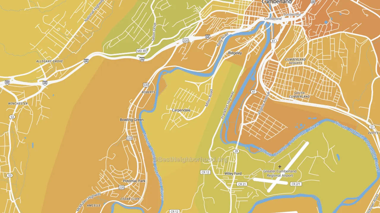 Map of the best neighborhoods in the Carpendale area, with better matches in green and worse matches in red