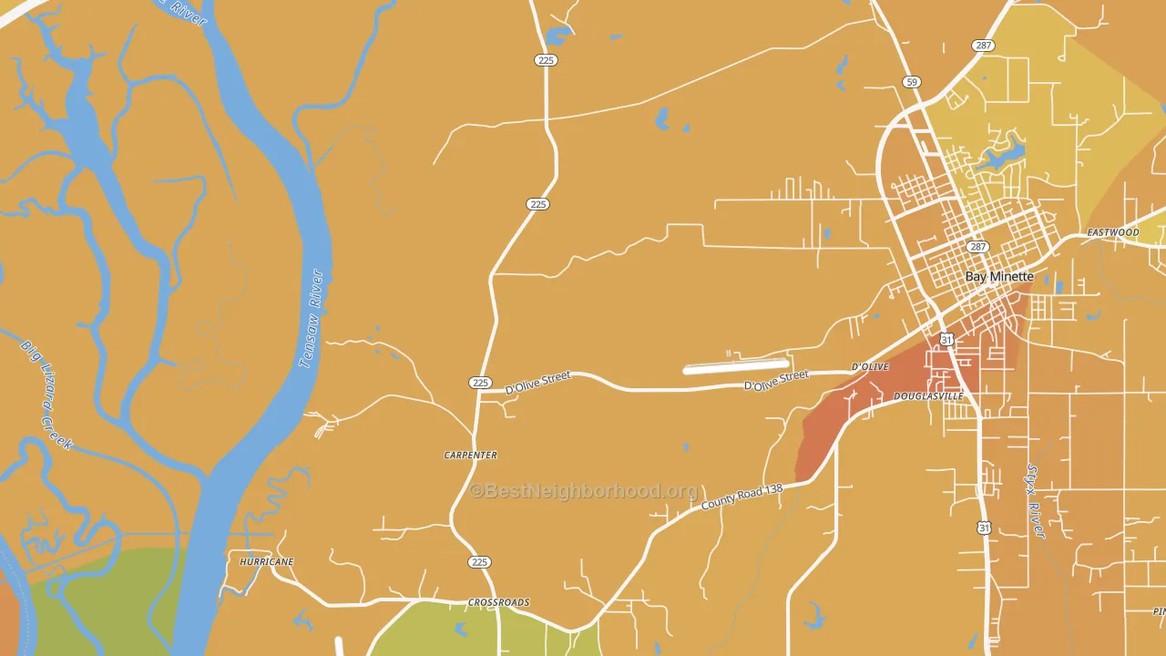 Map of the best neighborhoods in the Carpenter area, with better matches in green and worse matches in red