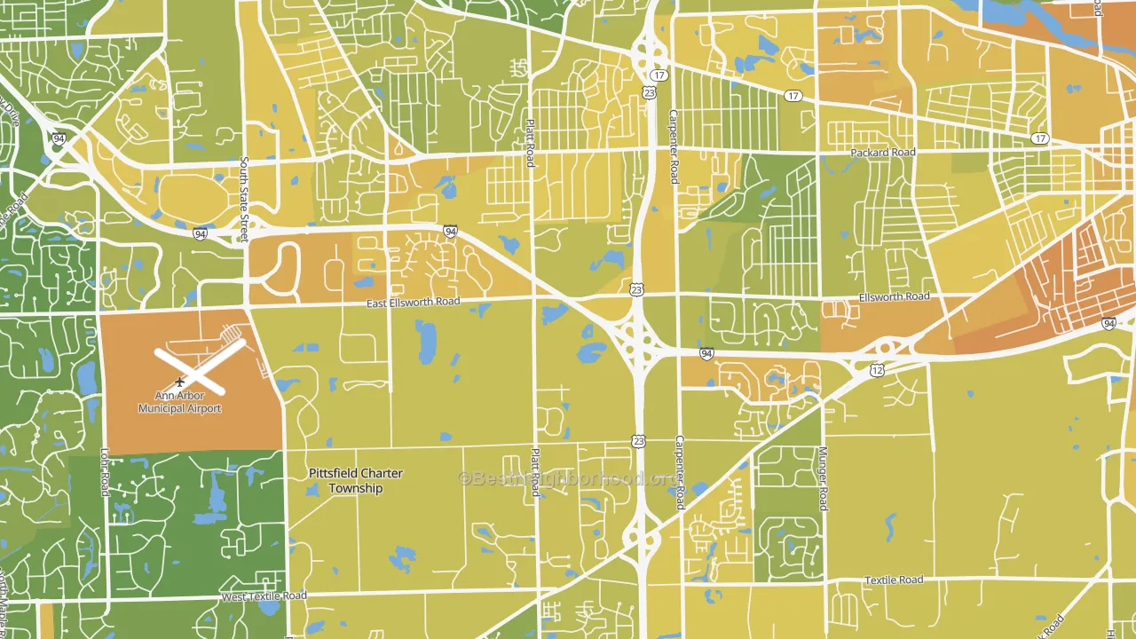 Map of the best neighborhoods in the Carpenter, Ann Arbor area, with better matches in green and worse matches in red