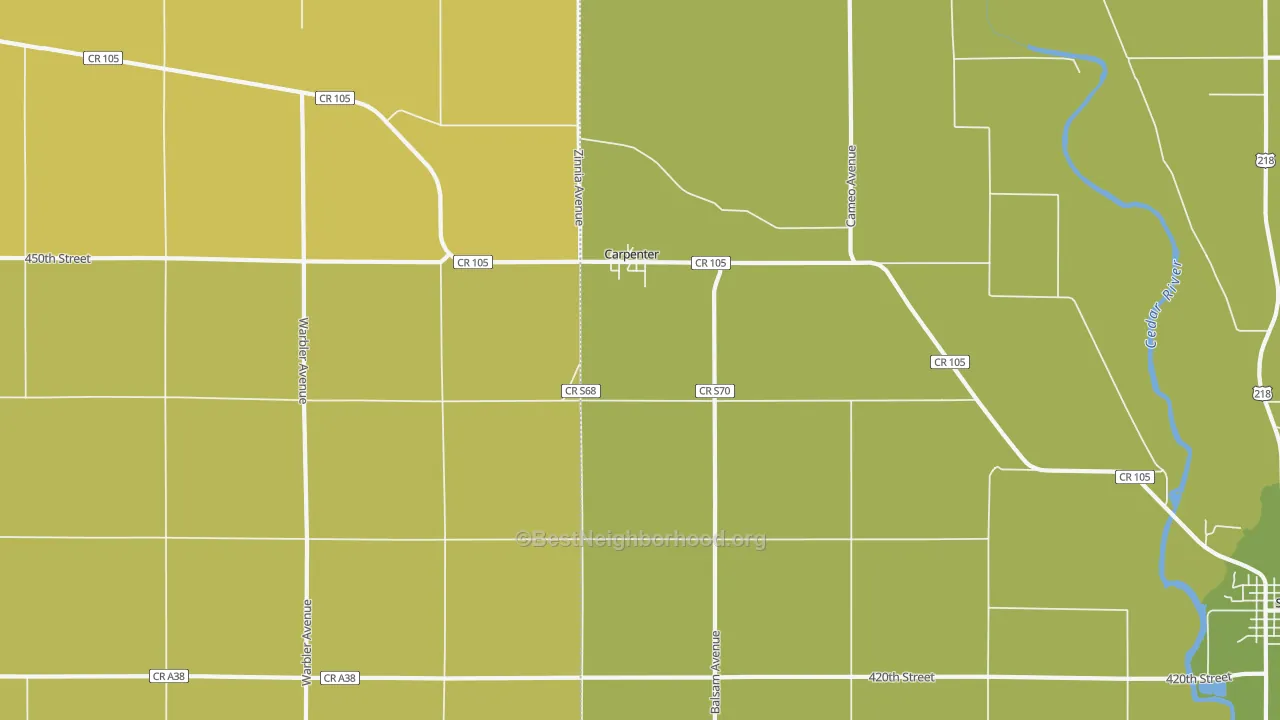 Map of the best neighborhoods in the Carpenter area, with better matches in green and worse matches in red