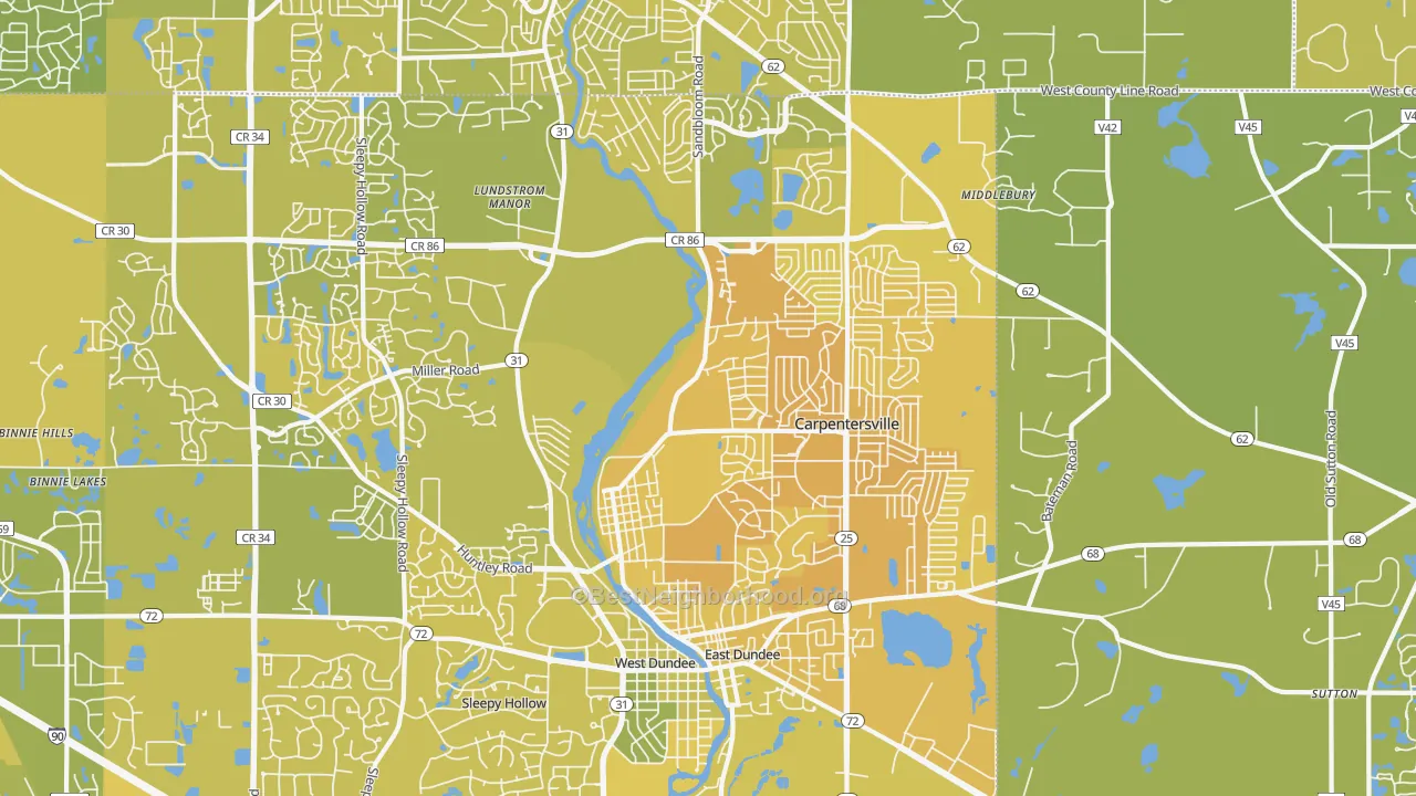 Map of the best neighborhoods in the Carpentersville area, with better matches in green and worse matches in red