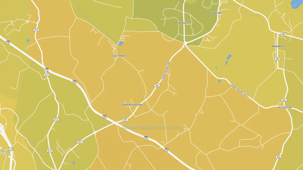 Map of the best neighborhoods in the Carpentertown area, with better matches in green and worse matches in red