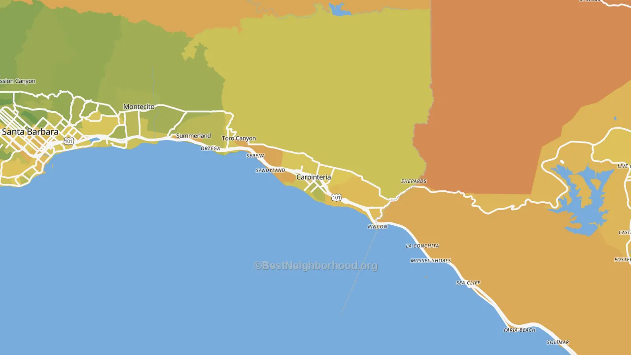 Map of the best neighborhoods in the Carpinteria area, with better matches in green and worse matches in red