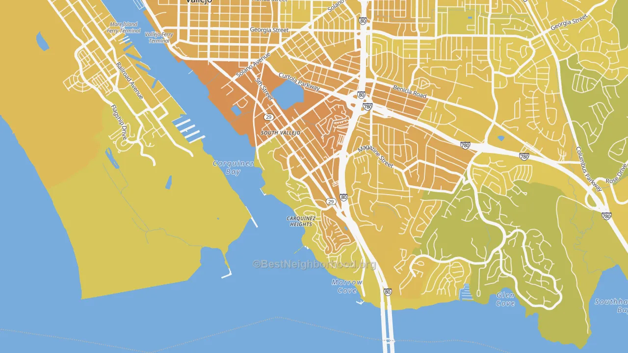 Map of the best neighborhoods in the Carquinez Heights, Vallejo area, with better matches in green and worse matches in red