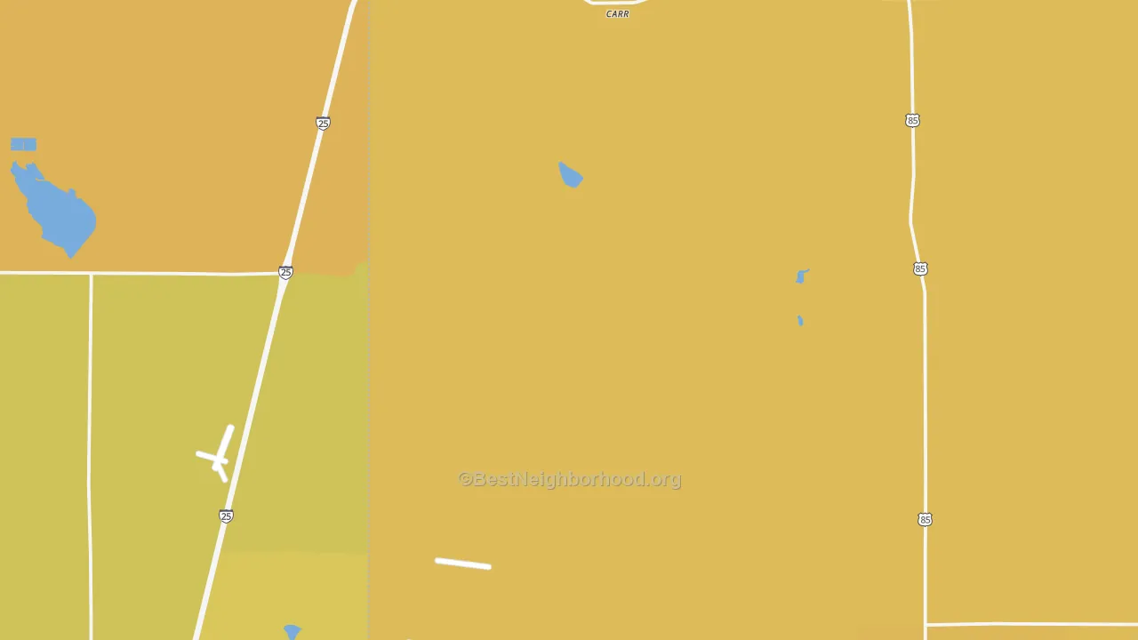 Map of the best neighborhoods in the Carr area, with better matches in green and worse matches in red