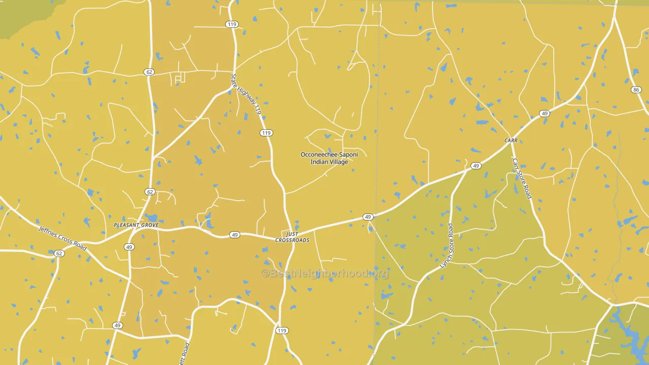 Map of the best neighborhoods in the Carr area, with better matches in green and worse matches in red