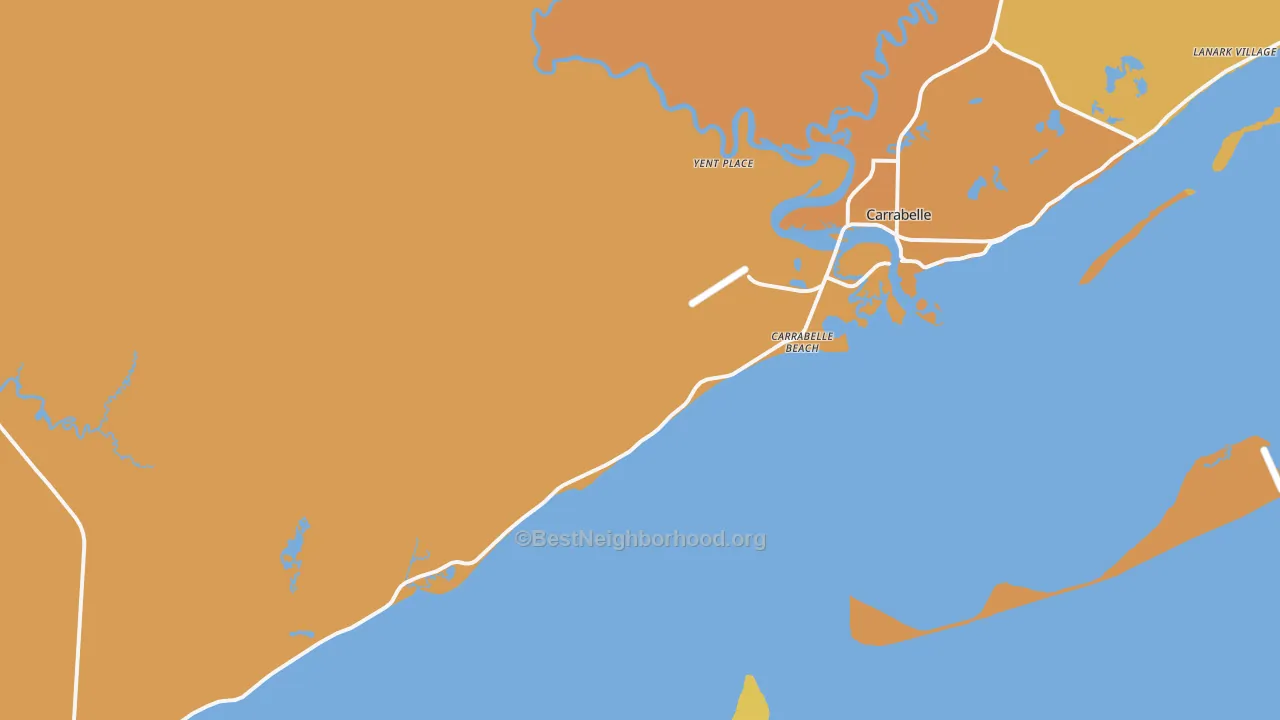 Map of the best neighborhoods in the Carrabelle Beach area, with better matches in green and worse matches in red
