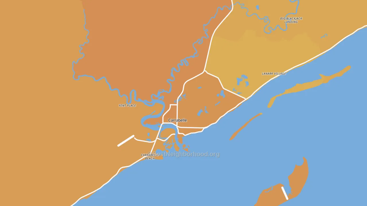Map of the best neighborhoods in the Carrabelle area, with better matches in green and worse matches in red