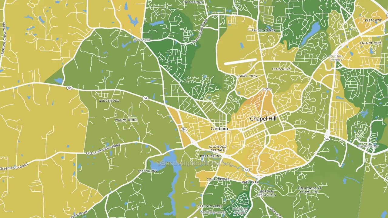 Map of the best neighborhoods in the Carrboro area, with better matches in green and worse matches in red