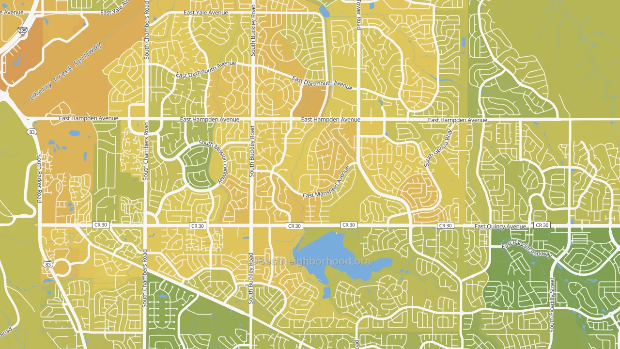Map of the best neighborhoods in the Carriage Place, Aurora area, with better matches in green and worse matches in red