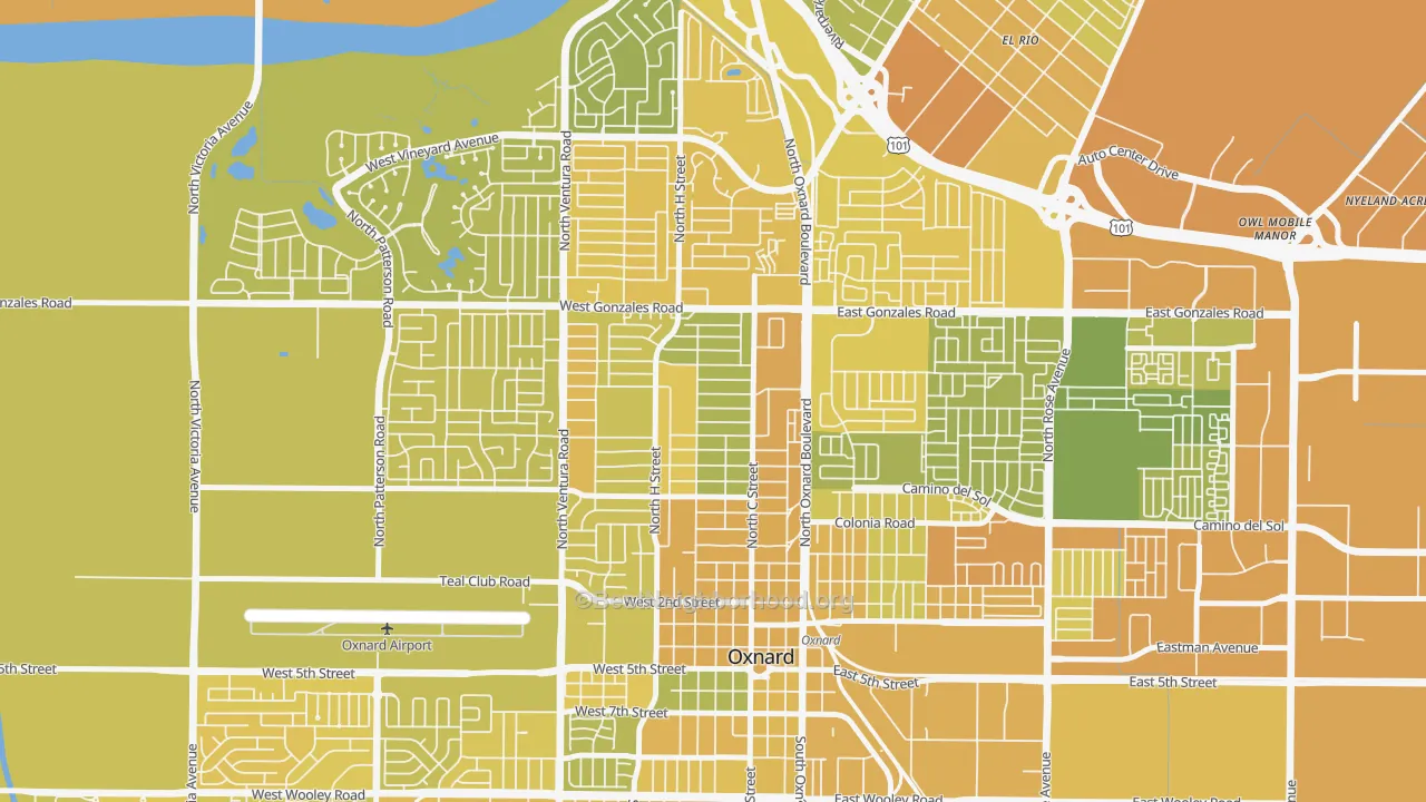 Map of the best neighborhoods in the Carriage Square, Oxnard area, with better matches in green and worse matches in red