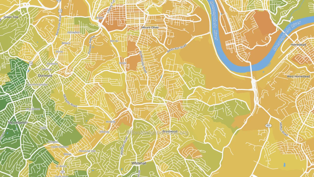 Map of the best neighborhoods in the Carrick, Pittsburgh area, with better matches in green and worse matches in red