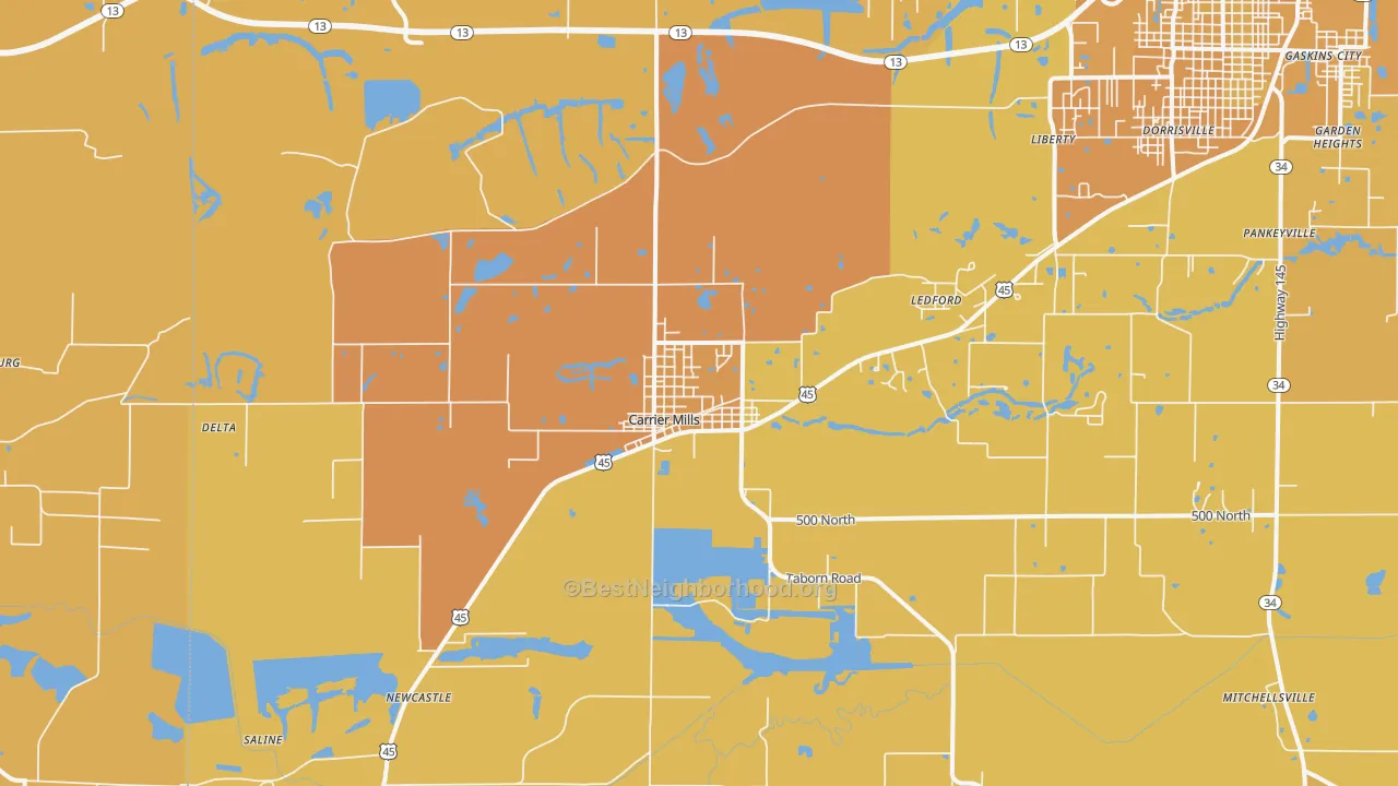 Map of the best neighborhoods in the Carrier Mills area, with better matches in green and worse matches in red