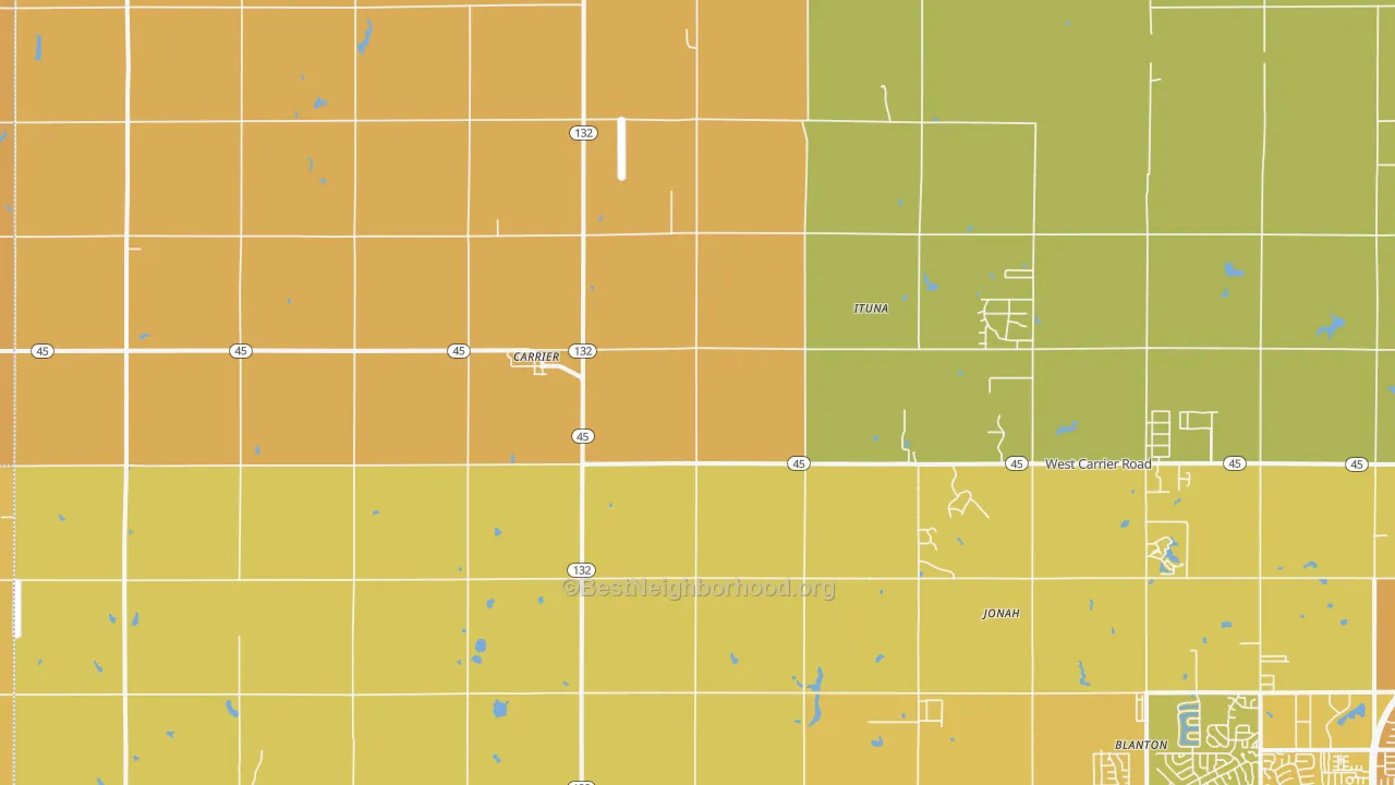 Map of the best neighborhoods in the Carrier area, with better matches in green and worse matches in red